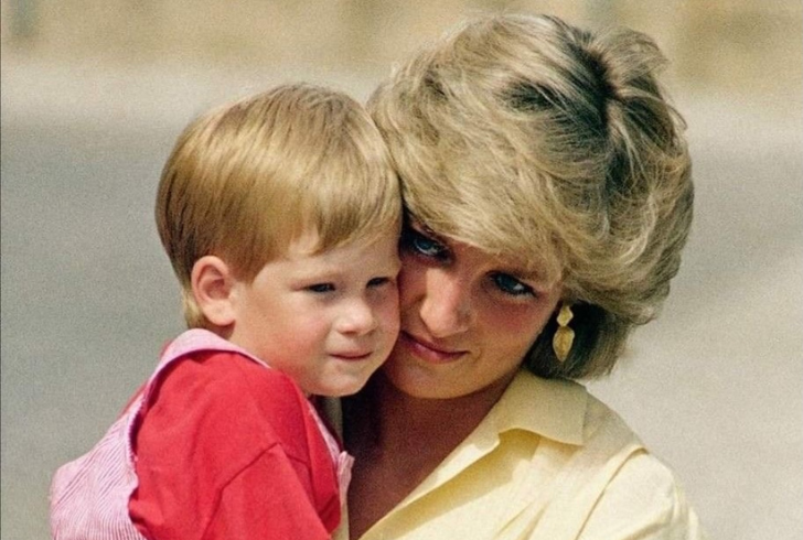 Princess Diana hugs young Prince Harry.